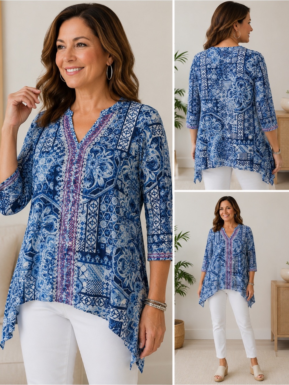 Chico’s Size 4 Blue Tile Print Asymmetrical Tunic Top‎ 3/4 Sleeve Embroidered XL